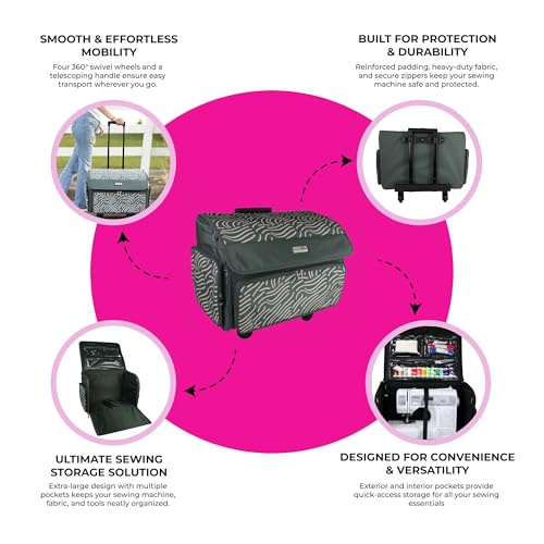 Everything Mary XL Rolling Sewing Machine Case – Grey & White Craft Bag with 4 Wheels – Collapsible Organizer Compatible with Brother, Singer & Most Sewing Machines - color: Grey & Pink