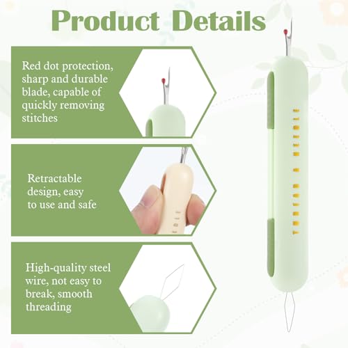 3 PCS Needle Threader Seam Ripper, 2 In 1 Needle Threaders Tool Thread Remover Tool for Hand Sewing Threaders Gray Green Yellow