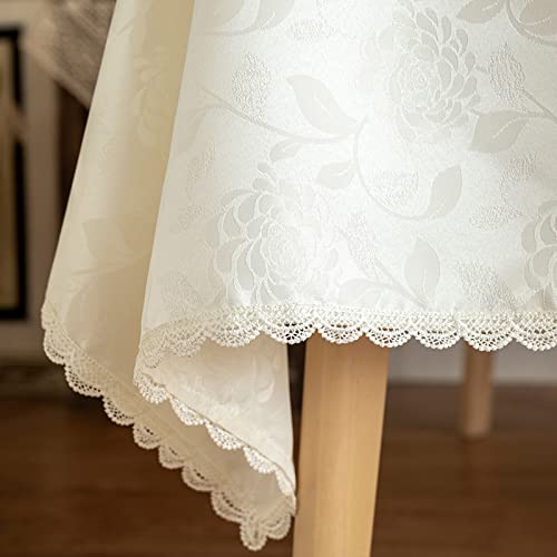 GLORY SEASON Textured Tablecloth Waterproof Spillproof Lace Trim Rectangle Damask Fabric Table Cloth for Wedding Kitchen Dinning Tabletop Decoration,Oblong Table Cover 55 x 86 Inch,Ivory White - size: 86" x 55" (Rectangular)
