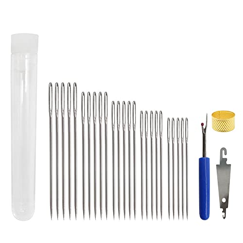 Tapestry Needles Five Sizes 14, 16, 18, 20, 24 - Large Eye Blunt Needles 28 Pcs、Stitch Removal Tool、Thimble、Threader for Cross Stich and More (Silver-28pcs)