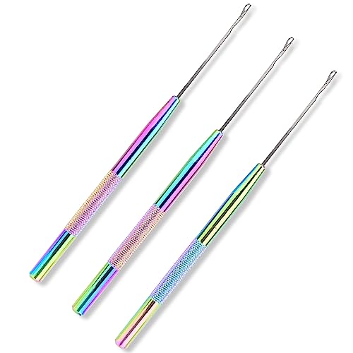 NEWISHTOOL Stainless Steel Hair Extensions Loop Needle Pulling Hook Tool, 3 PCS Micro Needle Threader Wire Pulling Loop Hook Tools for Silicone MicroLink Beads Rings and Feathers Extensions - color: Rainbow, size: Pulling Hook