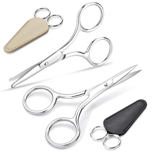 2Pcs Facial Hair Small Grooming Scissors For Men & Women - Eyebrow, Nose Hair, Mustache, Beard, Eyelashes, Ear Hair Trimming Kit, Pointed Scissors and Round Scissors, Travel Friendly Mini Scissors Set - color: Pointed & Round