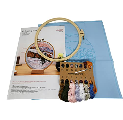 SUQUUB 3 Sets Embroidery Starter Kit with Pattern and Instructions,Cross Stitch Beginner Kits with Frame,3 Plastic Embroidery Hoops,3 Embroidery Clothes and Color Threads (3X Landscape Pattern) - color: 3X landscape pattern