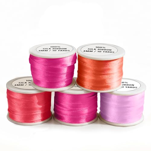Pink Tones 4mm 100% Pure Silk Ribbon Set, 5 Spools (10 Meters Each)