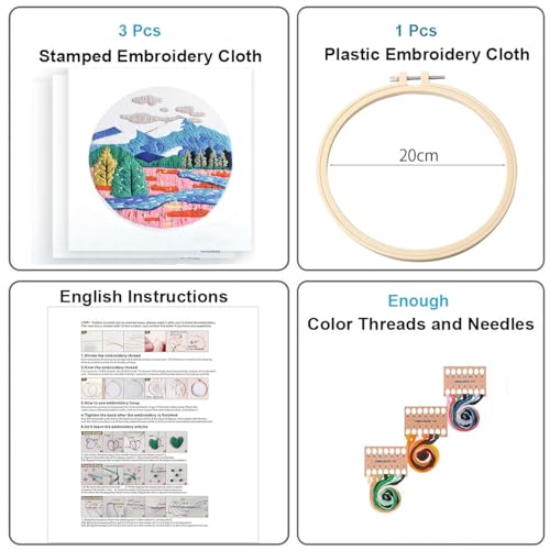 Konrisa 3 Pcs Landscape Embroidery Kits, Mountain Flower Village Pattern Cross Stitch Kit, DIY Sewing Practice Kits for Adults Home Decoration,Include Embroidery Cloth Threads and Needles,1pc Hoops - color: village