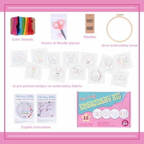 Louise Maelys 12 Pre-Stamped Embroidery Kits for Beginners, Cross Stitch for Kids Girls,DIY Needlepoint Craft Sewing,Practice Kit Supplies,Funny Cute Pattern,Perfect for Ages 8+ - color: 12 embroidery kits