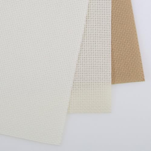 KCS 3 pc of 15" x 18"(38cmx45cm) Counted Cross Stitch Cotton Aida Cloth Needlework Rolled Fabric Box,14CT,Antique White +Cream+Khaki - color: Antique White +Cream+khaki, size: 14CT