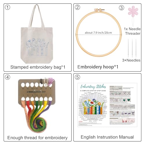 Louise Maelys Book and Flowers Embroidery Kit Canvas Tote Bag for Beginners - color: books flowers