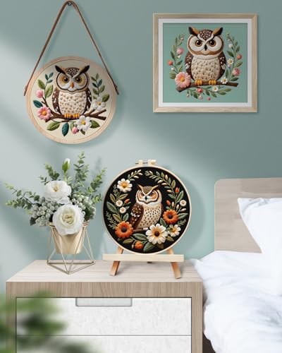 TINDTOP 5 Pack Embroidery Kit for Adult, Embroidery DIY Starter Kit, with Stamped Patterns, Hoop, Tools, Colorful Threads with Needles, Instructions - color: Owl