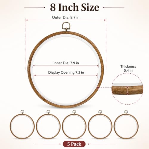 Embroidery Hoops 8 Inch Cross Stitch Hoop Faux Wood Round Frame 5 Pack