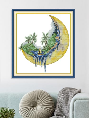 Aiorkeng Cross Stitch Kits Stamped Full Range of Embroidery Starter Kits for Adults Beginners DIY 11CT 3 Strands -Printed kit Sailing on the Moon(Printed) 15.4×16.5 inches - color: Sailing on the Moon39×42cm