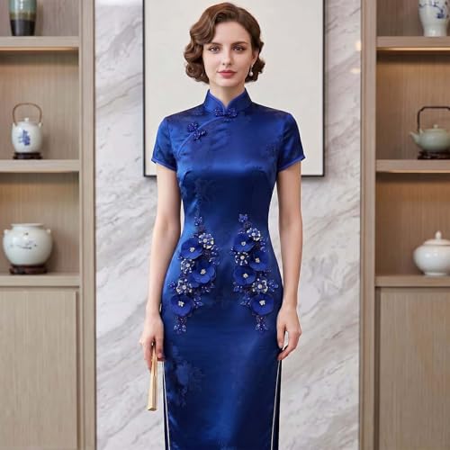 Handmade 3D Flower Embroidery Applique Rhinestone Lace Patches, Royal Blue - color: Royal Blue