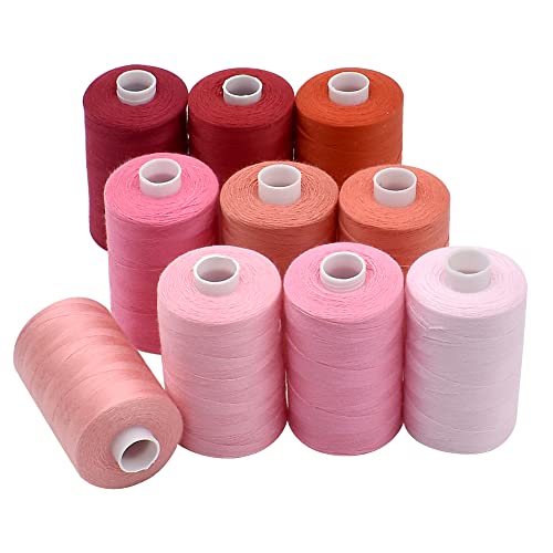 Sewing Thread 10 Color Sewing Industrial Purpose 1000 Yards Per Spool 40S/2 Polyester for DIY Sewing Machine,Embroidery Machine,Hand Sewing (Red) - color: Red