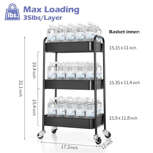 TOOLF 3 Tier Metal Rolling Cart, Utility Storage Cart with Wheels, Black - color: Black, size: 3-Tier