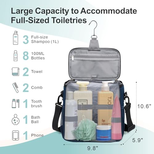 F-color Crossbody Shower Caddy Portable - Shower Bag with Hands-Free Strap - color: Dark Blue with Strap