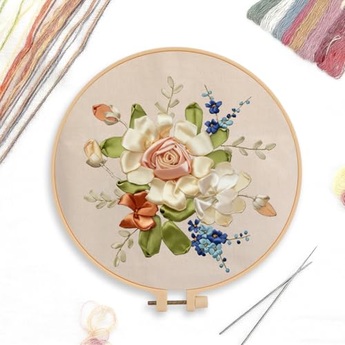 CREAWONDER Canvas Tote Bag Embroidery Kit with Pattern for Beginners, Arts and DIY Embroidery Crafts Kits for Adults, Include Instructions, Embroidery Hoops, Color Threads and Tool - color: CR002 xiaoqingxin06 white