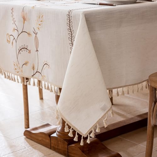 Joyfol Day Rustic Fall Rectangle Table Cloth, Heavy Duty Linen Florals Embroidery Tablecloths, Farmhouse Waterproof Tablecloth, Wrinkle Free Table Cover with Tassels, Coffee Berry, 55''x 70'' - color: Coffee Berry, size: 70" x 55" (Rectangular)