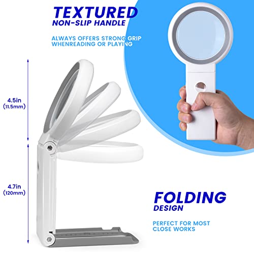Magnifying Glass with Light and Stand, Foldable Handheld Magnifying Glass 18 LED Illuminated Lighted Magnifier for Macular Degeneration, Seniors Reading, Close Work, Coins, Jewelry White - color: White