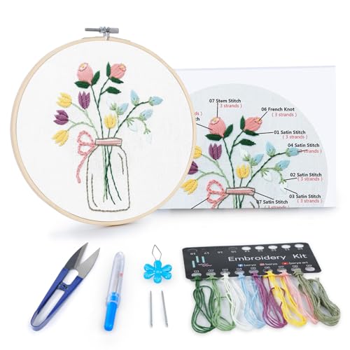 BERYA Flowers Embroidery Kit Including Video Step by Step Instructions Embroidery Hoop,Color Threads and Embroidery Scissors for Beginners-Handmade Needlepoint Kits for Adults - color: flower and vase white