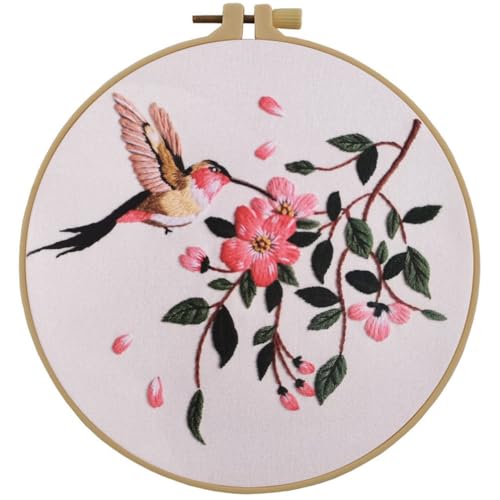 Esffaci Embroidery Starter Kit for Adult Beginner with Hummingbird Flower Pattern Hand Embroidery Set with Cloth Hoop Needle Threader Floss and Instruction - color: Hummingbird