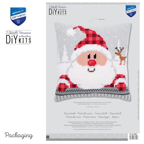 Vervaco Cross Stitch Christmas Pillow Kit Santa Joy DIY Home Decor Stamped Embroidery Chunky Cross Stitch Cushion Craft Supplies ca. 16" x 16" Needlepoint Kits for Adults Creative Gift - size: Santa with Reindeer