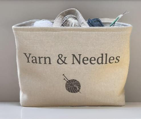 Yarn and Needles Large Tote basket for all your sewing and knitting storage needs. Keep all of your yarn and needles in one stylish tote basket with handles for easy lifting.