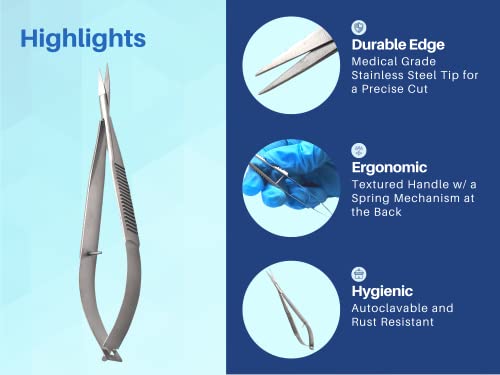 ARTMAN INSTRUMENTS Micro Scissors - 5.5" Straight Tip Castroviejo Eyebrow Trim Scissors - Spring Action, Extra Sharp, for ENT, Eye, Skin, Dental, and Veterinary Surgery