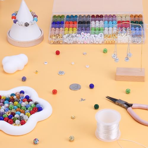 501 Pcs Rhinestone Bead Kit for Bracelet, 10mm Sparkle Clay Crystal Beads for Jewelry Making, 21 Colors Shiny Disco Ball Beads for Crafts Baseball Necklace Keychain Earrings DIY Decoration (Kit 1) - color: Kit 1