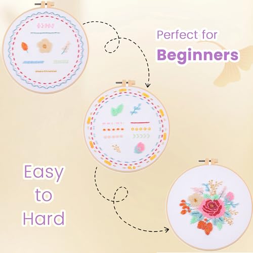 Huacan Bead Embroidery Kit for Beginners 3 Sets, Bead Embroidery Kit with Step by Step Stitch Video & Instructions, Three-Dimensional Starter Embroidery Set with 19 Stitches for Gift