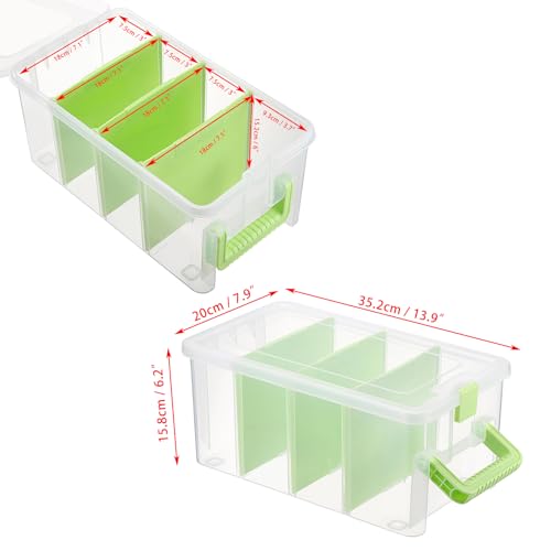 BTSKY Clear Plastic Dividing Storage Box with 4 Deep Compartment Sewing Box - size: 13.9x7.9x6.2 Inches-Green
