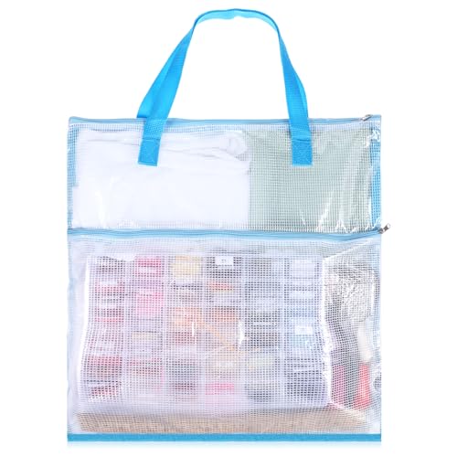 Portable Project Bags 16 x 16 Inch Craft Bag Organizer Tote with Handles Needlepoint Project Bag with Zipper and Double Pockets Transparent Mesh Zipper Pouch for Quilters Knitting Stitching Craft
