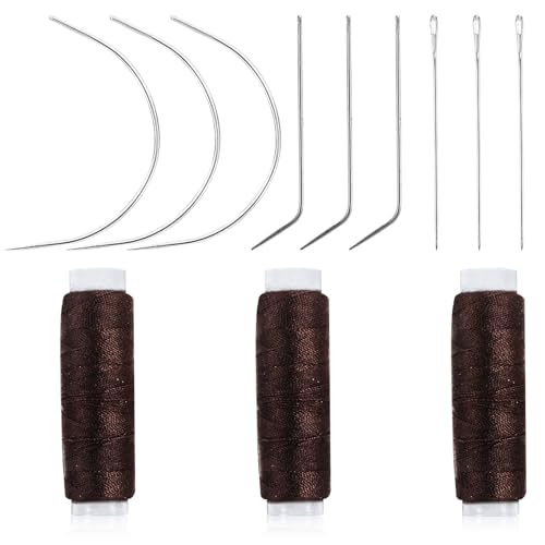 Hair Needle and Thread Set 12 Pcs Sewing Hair Extension Tools Curved Needle Brown Weaving Threads for Making Wig, Sew in Needles and Thread(Brown)