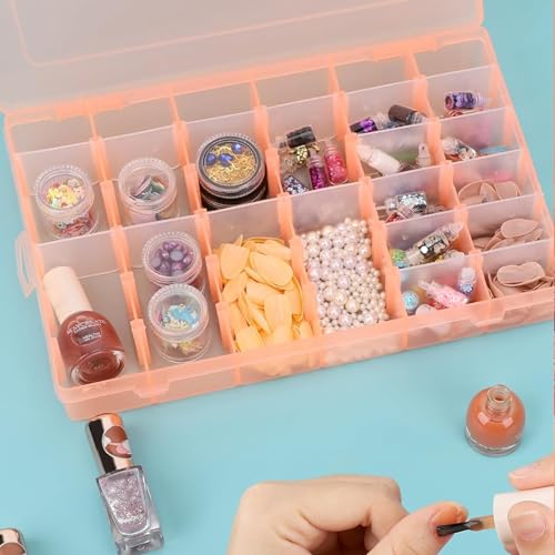 AKOAK 1 Pack 24 Grid Plastic Storage Case, Transparent Jewelry Display Organizer, Detachable Divider -7.5"x 5.1"x 1.4" for Beads, Jewelry, Earrings, Rings (Orange) - color: Orange