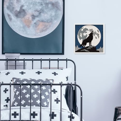 Doodlream Howling Wolf Needle Kit for Beginner, 9.4"x 9.4" Full Moon Night Punch Stitching Craft Set, Color DIY Embroidery Starter with Printed Frame, Instruction, Threader, Yarn, Pinch Needle - color: Wolf