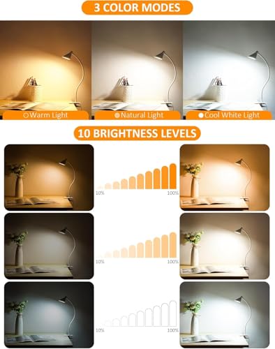 Clip on Light USB Reading Light for Bed with Clamp, Dimmable Reading Lamp - color: White