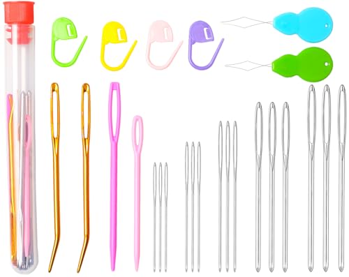 Hekisn 25Pcs Large Eye Blunt Yarn Needles kit, Assorted Sizes Bent Tapestry Darning Needle, Sewing Needles with Needle Threaders & Stitch Markers for Knitting Crochet (Red) - color: Red