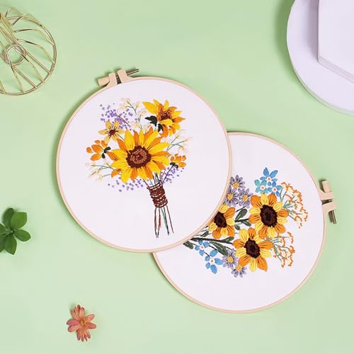 GLTAYLMY 3 Sets Embroidery Starter Kit with Pattern and Instructions, Cross Stitch Set, Stamped Embroidery Kits with 3 Embroidery Clothes with Pattern, 1 Embroidery Hoop(Sunflower) - color: Sunflower