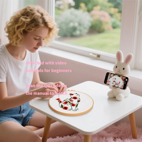 Crafmanoe Cat Embroidery Kits for Beginners Adults, Flowers Embroidery Starter Kits, Counted Cross Stitch Kits for Beginners Adults Hobbies Set for Women, Embroidery Hoops, Thread and Video Tutorial - color: H2026
