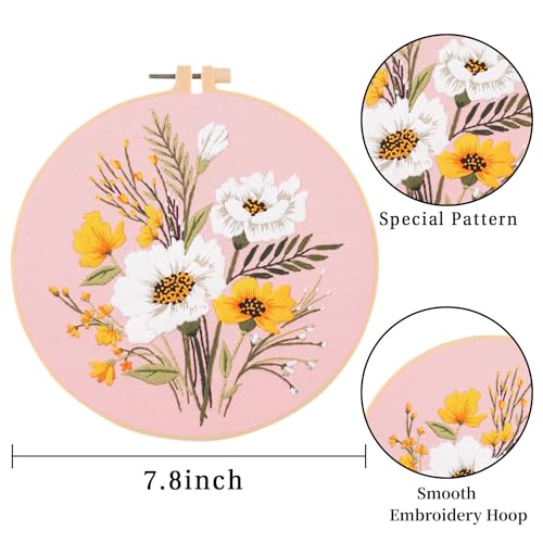 EOBTAIN 3 Pcs Pink Floral Embroidery Kit for Beginners, Plant Flower Embroidery Kits for Adults,Embroidery Starter Kit with Pattern,Hoop,Thread,Needles,Hand DIY Craft Kits for Adults - color: Flower