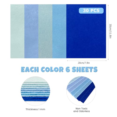 30Pcs Stiff Felt Sheets, 1mm Thick Felt Fabric Squares for Sewing & DIY - color: Blue Series