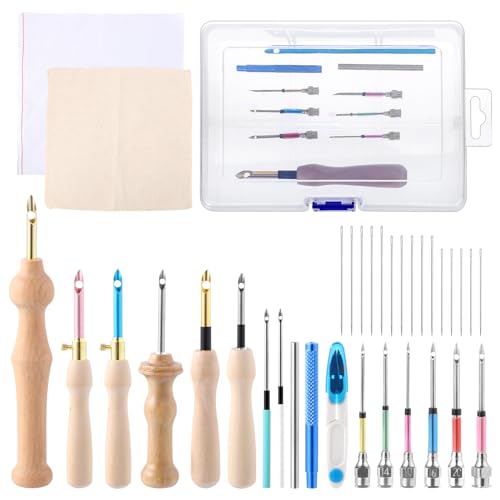 35 Pcs Punch Needle Kit, Punch Needle Tool Adjustable Punch Needle Embroidery Kits Include Wooden Handle Embroidery Pen Set, Big Eye Needles, Punch Needle Cloth - Valentines Gifts for Adults Beginne