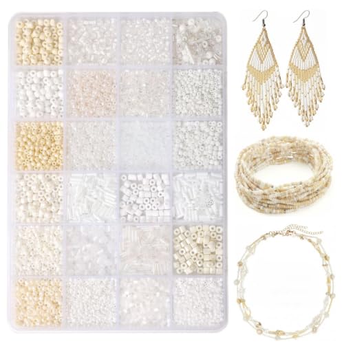 24 Grid White Glass Seed Bugle Tube Beads Kit for Jewelry Making DIY Craft - color: white, size: 24 Grid