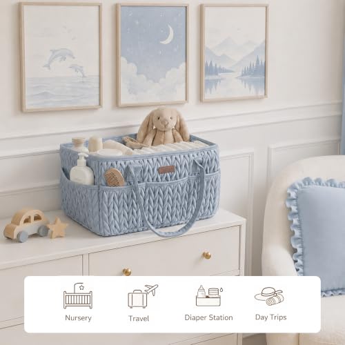 Konssy Baby Diaper Caddy Organizer, Braided Quilted Design with PU Handles - color: Baby Denim