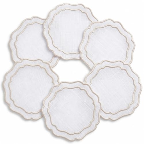 Linen Coasters for Drinks, Set of 6, 6 inch, White-Taupe - color: 1239 - White - Taupe, size: 6 inches