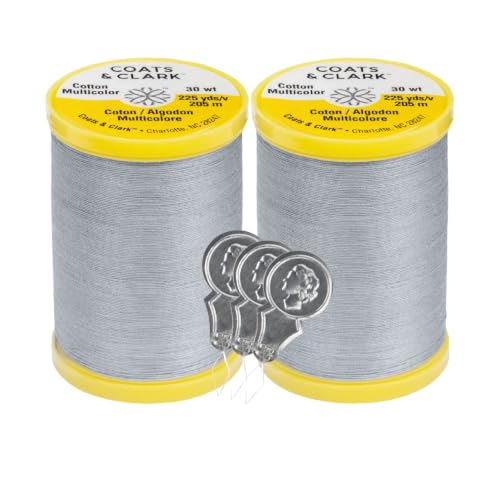 Coats & Clark Cotton All Purpose Sewing Thread 100% Mercerized Cotton 225 Yards Each Spool S970 2 Pack Bundle with 3 Bella's Crafts Needle Threaders (Nugrey) - color: Nugrey