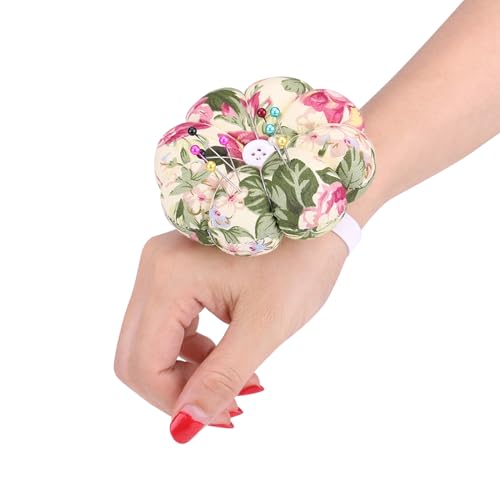 Pumpkin Pin Cushion with Magnetic Wooden Base, Cute Pincushion for Sewing, Japanese Style Needle Holder for Quilting and DIY Crafts, Floral Design