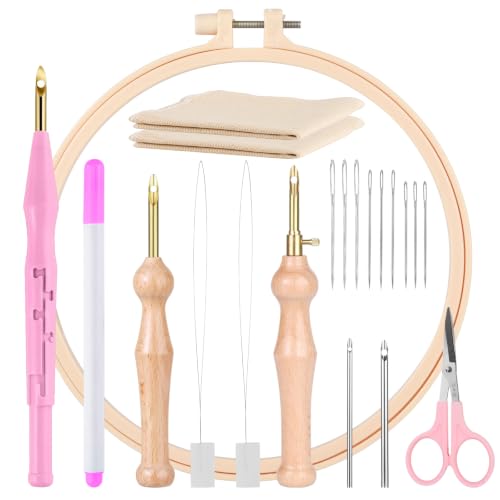 MSDADA 21PC Punch Needle Kit, Adjustable Punch Needle Tool, Wooden Handle Embroidery Pen Kits, Hoops, Cloth, Punch Needle Set Adults Beginner for DIY Craft, Perfect for Decoration and Gifts（Pink） - color: Pink