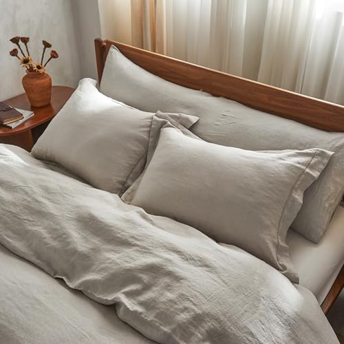 Simple&Opulence 100% French Linen Pillowcases with Embroidery – Pack of 2, Washed Solid Color Natural Flax, Soft & Breathable - Light Grey, 20'' x 36'' - color: Light Grey, size: King