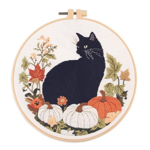 IUHUI Embroidery Kit for Beginners Adults - Black Cat and Pumpkin Themed Halloween Easy Patterns, DIY Hand Stitching Embroidery Set with Hoop (Black Cat Autumn Leaf) - color: Black Cat Autumn Leaf