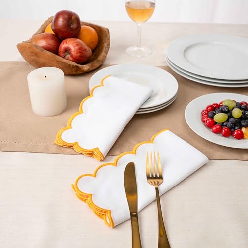 Blue Needles Cotton Scalloped Embroidery Cloth Napkins 17X17Inch - Set of 4 - color: White(edges - Golden Yellow)